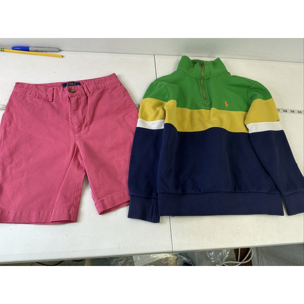 Boys size 8 Polo Ralph Lauren 2 PC lot 1/4 zip striped pullover, pink shorts